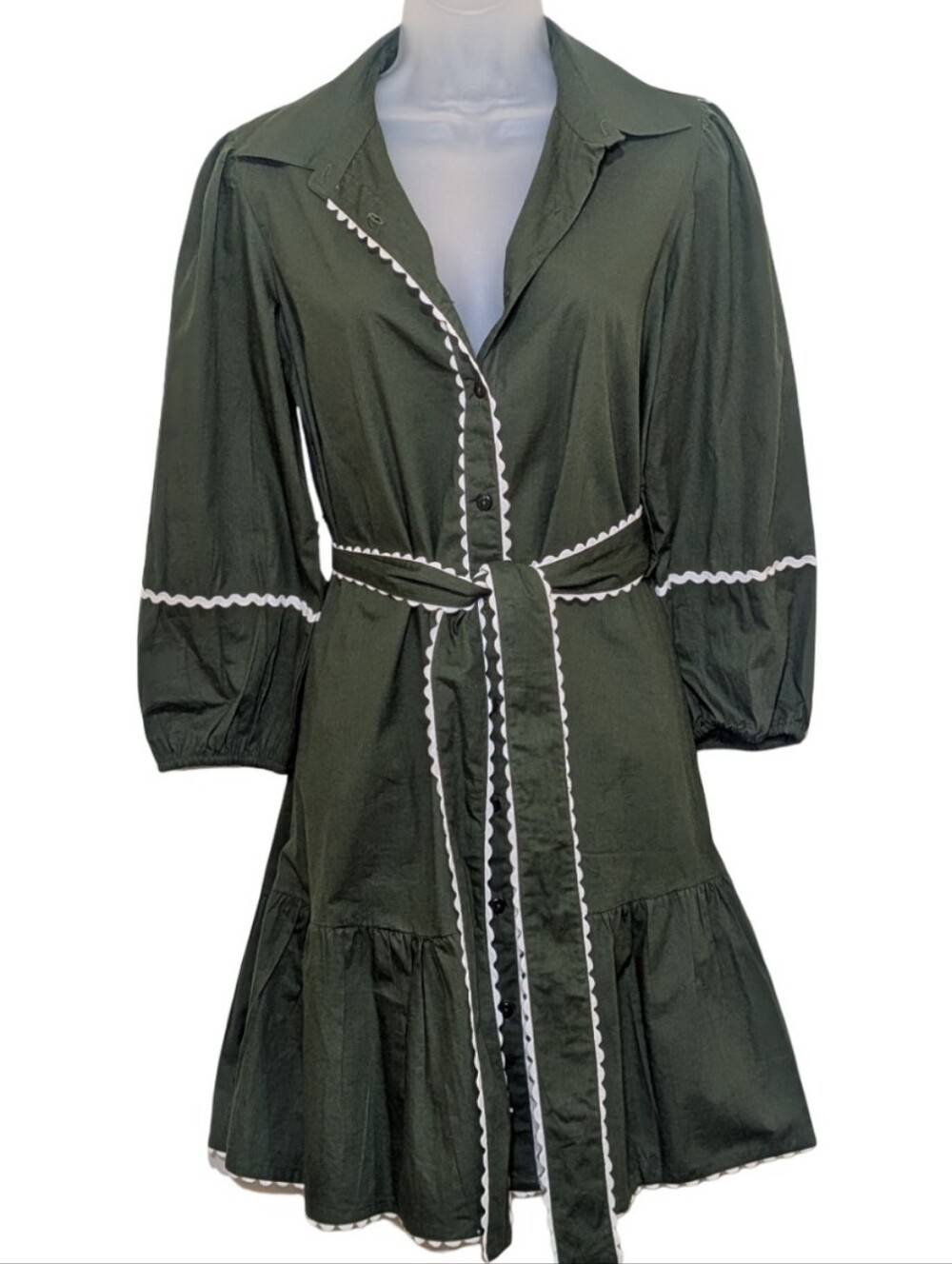 Kings Road | Olive Green Shirt Dress with White Scalloped Trim | Puff Sleeves |
